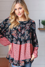 Load image into Gallery viewer, Black &amp; Mauve Boho Floral Tiered Yoke Top
