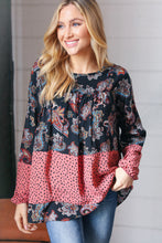 Load image into Gallery viewer, Black &amp; Mauve Boho Floral Tiered Yoke Top
