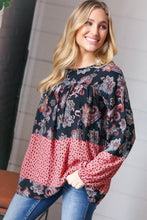 Load image into Gallery viewer, Black &amp; Mauve Boho Floral Tiered Yoke Top
