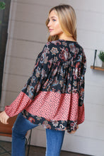 Load image into Gallery viewer, Black &amp; Mauve Boho Floral Tiered Yoke Top
