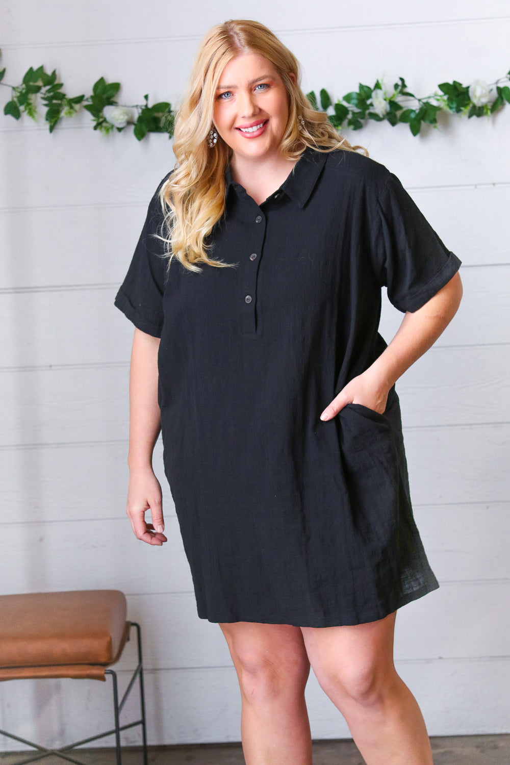 Black Cotton Placard Yoke Midi Dress