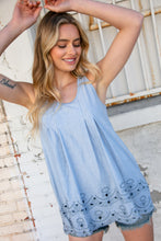 Load image into Gallery viewer, Blue Cotton Embroidered Scalloped Hem Sleeveless Top
