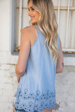 Load image into Gallery viewer, Blue Cotton Embroidered Scalloped Hem Sleeveless Top
