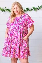 Load image into Gallery viewer, Fuchsia Floral Tiered Flutter Sleeve Pocketed Dress
