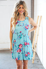 Load image into Gallery viewer, Teal &amp; Blue Rose Floral Sleeveless Pocketed Swing Dress
