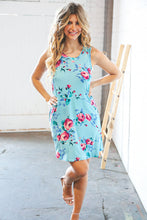 Load image into Gallery viewer, Teal &amp; Blue Rose Floral Sleeveless Pocketed Swing Dress
