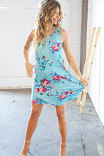 Load image into Gallery viewer, Teal &amp; Blue Rose Floral Sleeveless Pocketed Swing Dress
