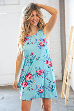 Load image into Gallery viewer, Teal &amp; Blue Rose Floral Sleeveless Pocketed Swing Dress
