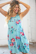 Load image into Gallery viewer, Teal &amp; Blue Rose Floral Sleeveless Pocketed Swing Dress
