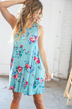 Load image into Gallery viewer, Teal &amp; Blue Rose Floral Sleeveless Pocketed Swing Dress
