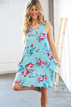 Load image into Gallery viewer, Teal &amp; Blue Rose Floral Sleeveless Pocketed Swing Dress
