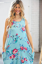 Load image into Gallery viewer, Teal &amp; Blue Rose Floral Sleeveless Pocketed Swing Dress
