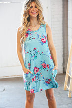 Load image into Gallery viewer, Teal &amp; Blue Rose Floral Sleeveless Pocketed Swing Dress
