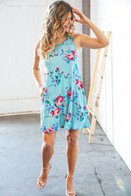 Load image into Gallery viewer, Teal &amp; Blue Rose Floral Sleeveless Pocketed Swing Dress
