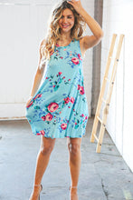 Load image into Gallery viewer, Teal &amp; Blue Rose Floral Sleeveless Pocketed Swing Dress
