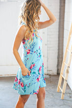 Load image into Gallery viewer, Teal &amp; Blue Rose Floral Sleeveless Pocketed Swing Dress
