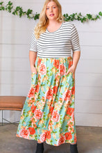 Load image into Gallery viewer, Mint Floral Stripe Fit &amp; Flare Pocketed Maxi Dress
