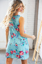 Load image into Gallery viewer, Teal &amp; Blue Rose Floral Sleeveless Pocketed Swing Dress
