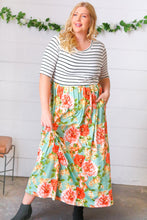 Load image into Gallery viewer, Mint Floral Stripe Fit &amp; Flare Pocketed Maxi Dress
