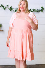 Load image into Gallery viewer, Peach Textured Bubble Sleeve Lined Dress
