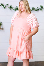 Load image into Gallery viewer, Peach Textured Bubble Sleeve Lined Dress
