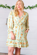 Load image into Gallery viewer, Mint Floral Stripe Surplice Neck Ruffle Dress
