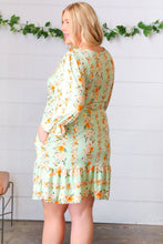 Load image into Gallery viewer, Mint Floral Stripe Surplice Neck Ruffle Dress
