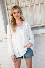 Load image into Gallery viewer, Cream Crochet Lace Neck Crepe Woven Blouse
