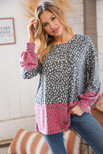 Load image into Gallery viewer, Grey &amp; Berry Spotted Leopard Terry Color Block Top
