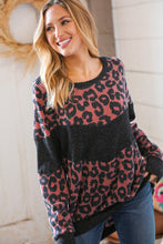 Load image into Gallery viewer, Berry Waffle Knit Chevron Leopard Print Pullover
