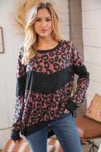 Load image into Gallery viewer, Berry Waffle Knit Chevron Leopard Print Pullover
