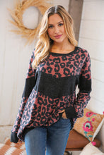 Load image into Gallery viewer, Berry Waffle Knit Chevron Leopard Print Pullover
