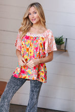 Load image into Gallery viewer, Coral Floral Flutter Sleeve Lace Square Neck Top

