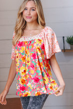 Load image into Gallery viewer, Coral Floral Flutter Sleeve Lace Square Neck Top
