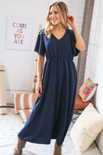 Load image into Gallery viewer, Navy Crepe High Waist Flutter Sleeve Woven Maxi Dress
