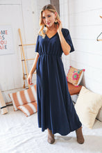 Load image into Gallery viewer, Navy Crepe High Waist Flutter Sleeve Woven Maxi Dress
