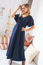 Load image into Gallery viewer, Navy Crepe High Waist Flutter Sleeve Woven Maxi Dress
