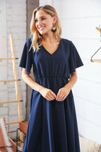 Load image into Gallery viewer, Navy Crepe High Waist Flutter Sleeve Woven Maxi Dress
