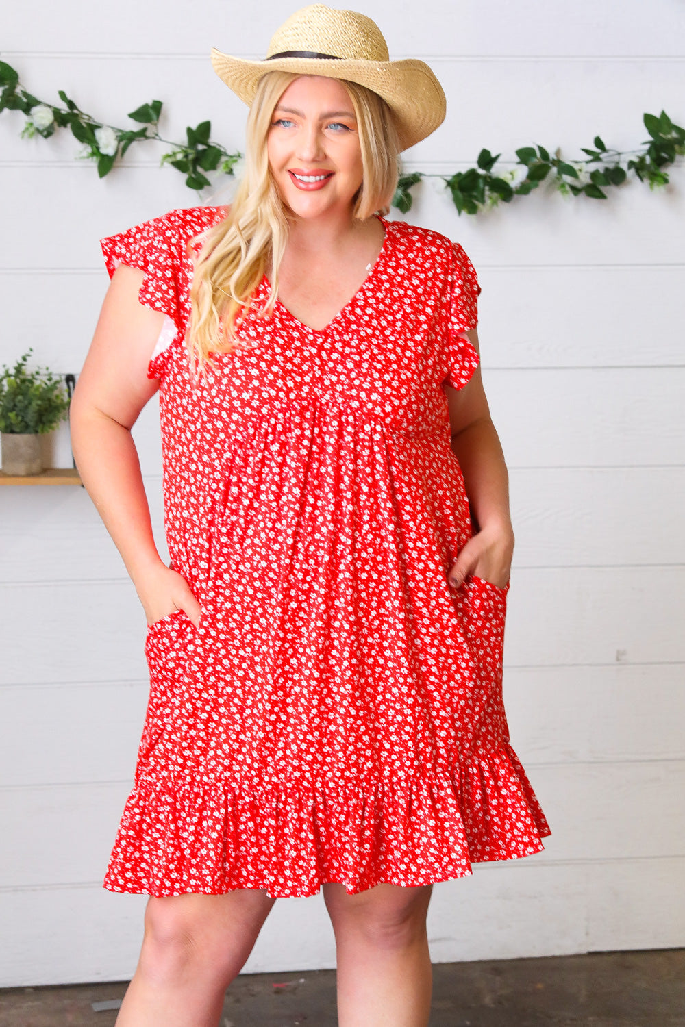 Cherry Red Ditzy Floral Babydoll Midi Dress