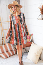 Load image into Gallery viewer, Rust/Black Floral Patchwork Long Sleeve Babydoll Dress
