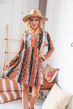 Load image into Gallery viewer, Rust/Black Floral Patchwork Long Sleeve Babydoll Dress
