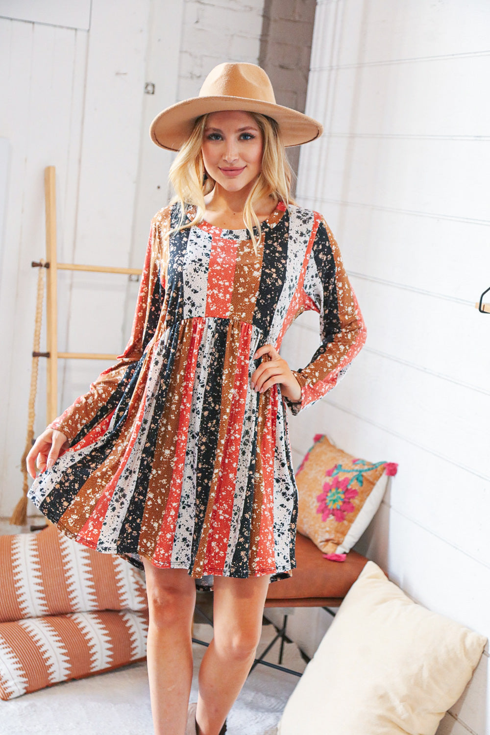 Rust/Black Floral Patchwork Long Sleeve Babydoll Dress