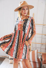 Load image into Gallery viewer, Rust/Black Floral Patchwork Long Sleeve Babydoll Dress
