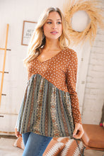Load image into Gallery viewer, Brown Ditzy Floral &amp; Ethnic Stripe Babydoll Top
