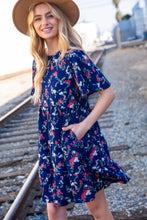Load image into Gallery viewer, Navy Floral Midi Woven Pocketed Dress
