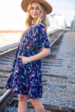 Load image into Gallery viewer, Navy Floral Midi Woven Pocketed Dress
