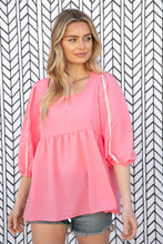 Load image into Gallery viewer, Coral Babydoll Bubble Sleeve Pom-Pom Lace Top
