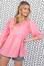 Load image into Gallery viewer, Coral Babydoll Bubble Sleeve Pom-Pom Lace Top
