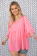Load image into Gallery viewer, Coral Babydoll Bubble Sleeve Pom-Pom Lace Top
