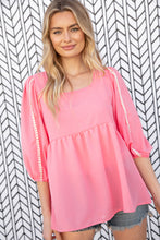 Load image into Gallery viewer, Coral Babydoll Bubble Sleeve Pom-Pom Lace Top
